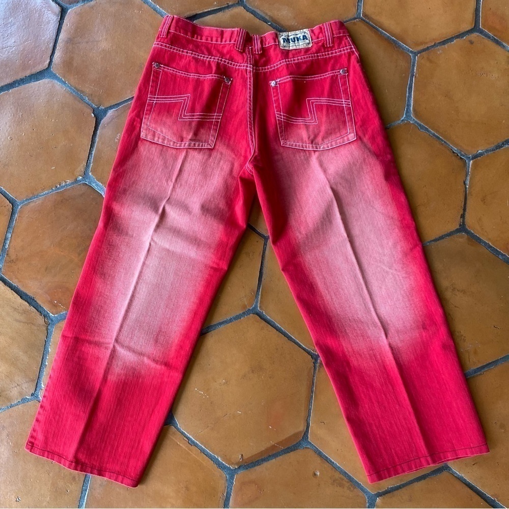 Muka Mukawear Red Distressed Wide Leg Embroidered Jeans Size 38 X 30 View 2
